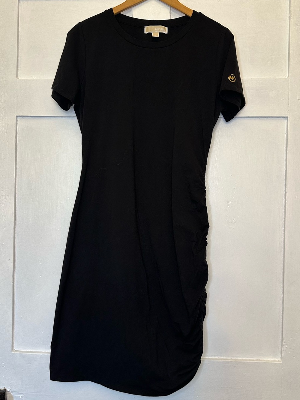 Michael Kors Black Short Sleeve Ruched Side T Shirt Mini Short Dress Sz L - EUC